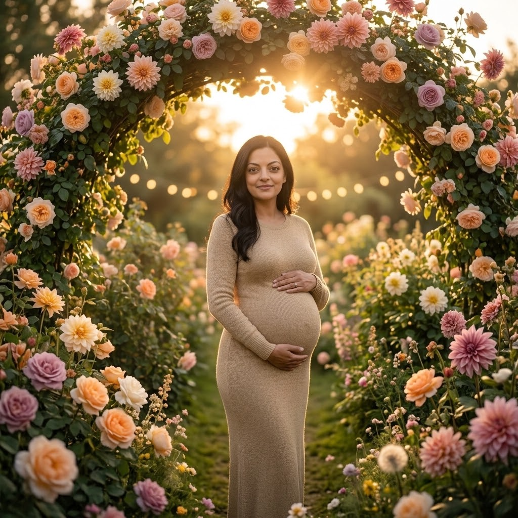 8 Glowing Sunset Garden Gemini AI Prompts for Maternity Photos